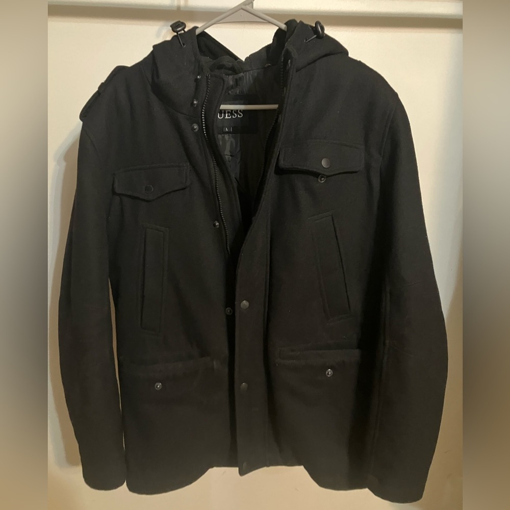 Nice black peacoat.  Black, size Large, and has lots of pockets with a hood.